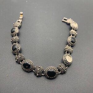 Filigree Black Stone Silver Tone 9" Bracelet SELLING AS IS